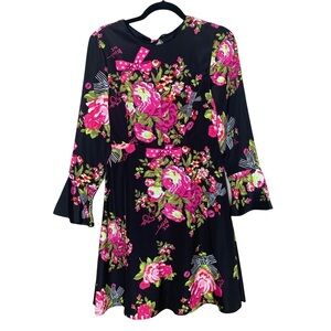 Betsey Johnson Women’s Floral Long Sleeve Fit and Flare Dress Black Pink Size 2